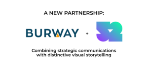Image depicting the announcement of a strategic partnership between Burway and 52 Partners with their logos and the tag line "Combining strategic communications with distinctive visual storytelling."